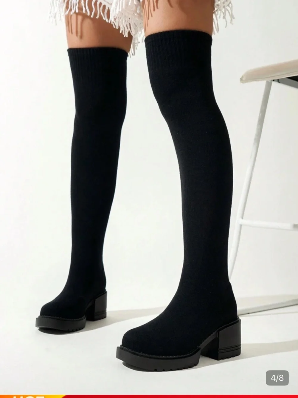 Black Over-the-Knee Sock Boots - Stylish Chunky Heel